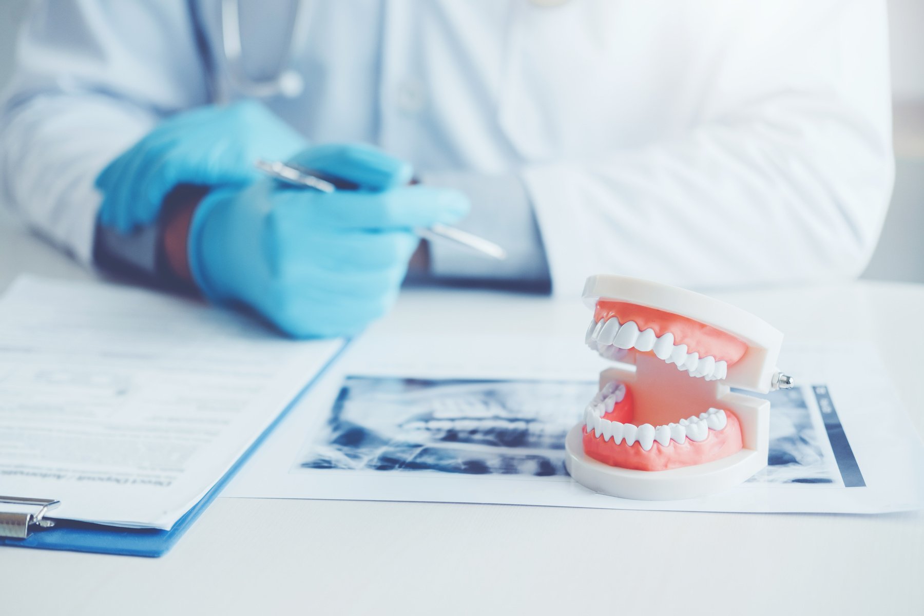 Dentist with denture learning how to teeth At dentist s office